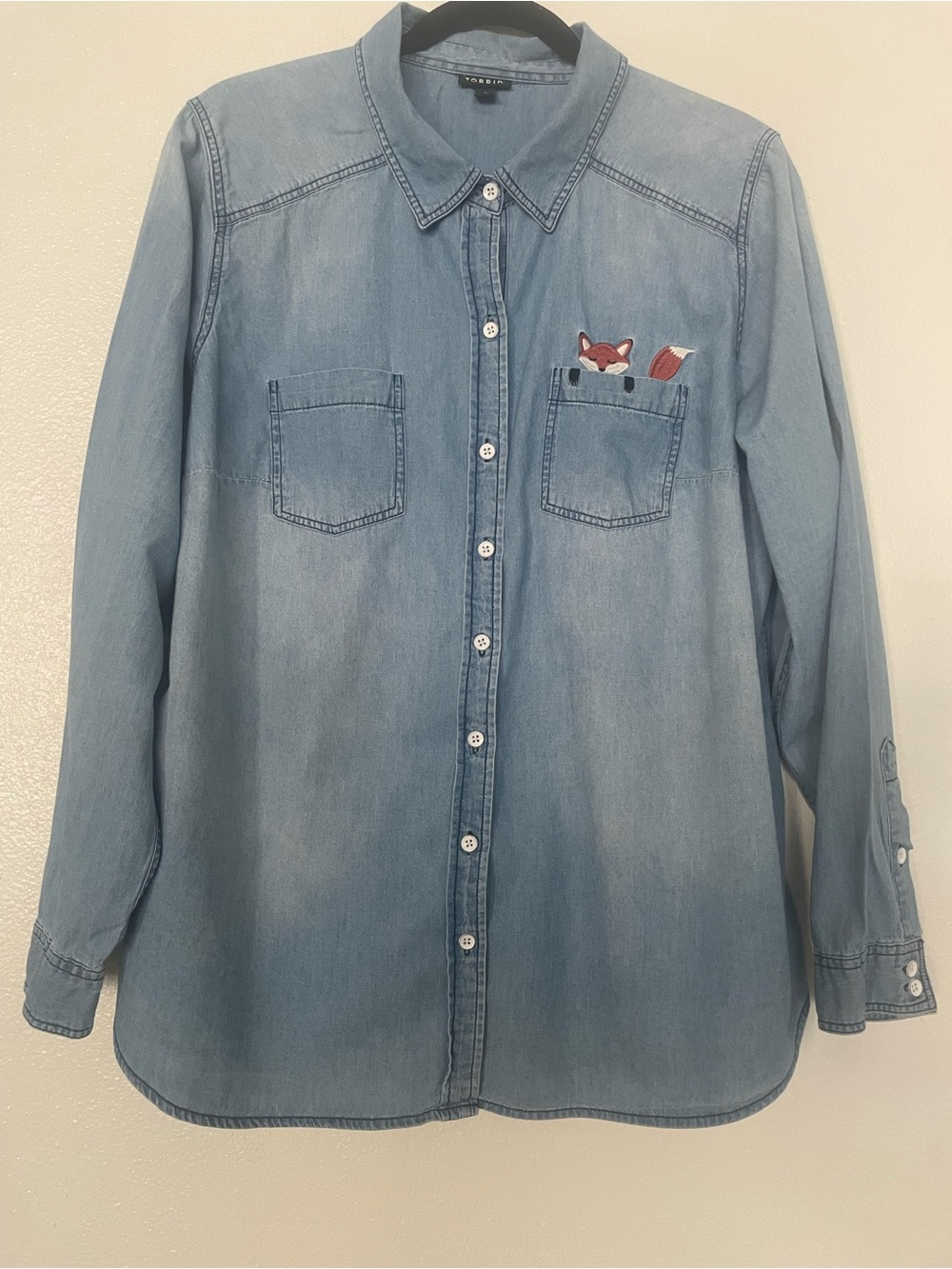 Torrid Light Wash Denim Shirt with Fox Pocket Embroidery - Women